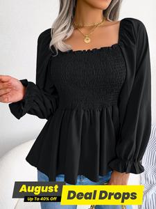 Superfancyfashion Plain Frill Ruffle Shirred Square Neck Chiffon Blouse, Elegance Fit Clothes for Women, Solid Long Sleeve Flounce Sleeve Top for Party, Clothes for Women, Elegant Classy Tops