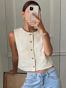 Women's Solid Color Button Front Vest Blazer, Minimalist Casual Sleeveless Suit Vest for Daily Wear, Ladies Clothes for All Seasons, Womenswear