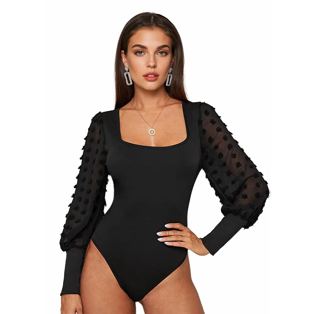 Lushhub Women's Elegant Black Long Sleeve Bodysuit for Tops - Womenswear