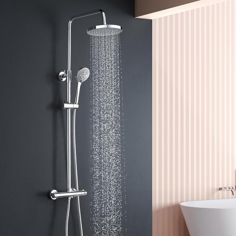 Product Introduction of NEW Thermostat Shower Set,Height Adjustable Shower Mixer Set with Overhead Shower,Thermostatic Shower Mixer ,3-Types Handheld Shower, Shower System for Bathroom,Chrome 11