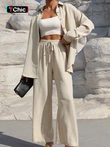 Two-Piece Set Women's Solid Button Front Shirt & Drawstring Waist Wide Leg Pants, Casual Drop Shoulder Long Sleeve Top & High Waist Trousers For Spring & Fall, Ladies Clothes For Daily Wear,Airport Outfit