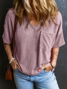 Women's Plain Textured Pocket V Neck Tee, Casual Drop Shoulder Half Sleeve T-Shirt for Summer, Ladies Clothes for Daily Wear, Cute Tops, Cute Tops