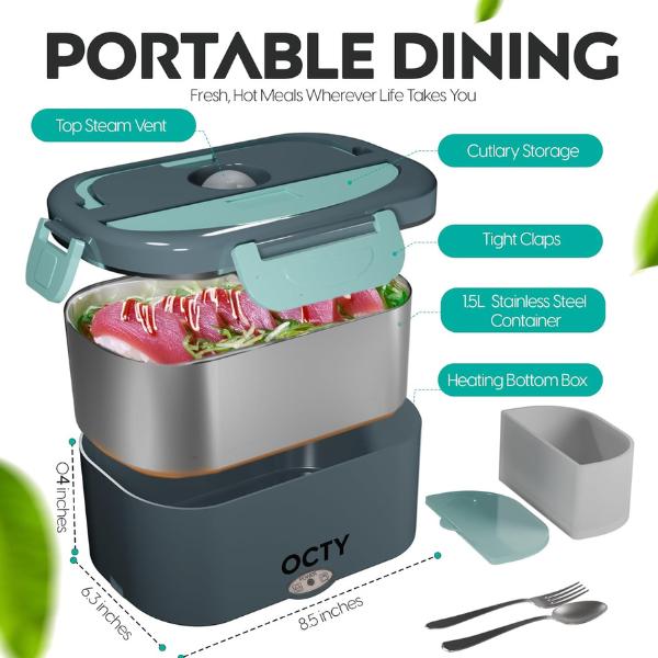 Product Introduction of [UK Seller] Electric Lunch Box pack - Portable Food Warmer for Tableware, Car, Truck, Office & Camping - 3-in-1 Heated Lunch Box with UK Plug - Container, Steel - Dark Green 3