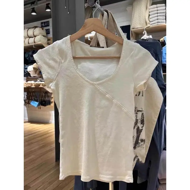 Vintage Slim T-Shirt Summer V Neck Streetwear Cotton Top 2024 Femme Sweet Cute Y2k Simple Tee Tops Woman Clothes 5