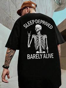 Men's Regular Fit Letter & Skeleton Print Drop Shoulder Tee, Back To School Outfits, Street Fashion Casual Streetwear Round Neck Short Sleeve T-shirt for Daily Wear, Menswear, Graphic Tees,  Summer Clothes, Halloween