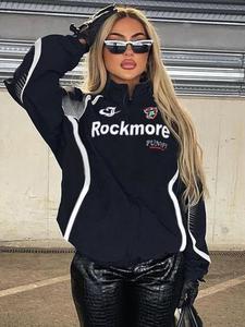 Women's Letter Print Contrast Binding Jacket, Street Funnel Neck Raglan Sleeve Outerwear For Fall & Winter, Ladies Clothes For Daily Wear