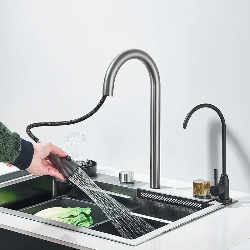 304 Stainless Steel Waterfall Kitchen Sink Large Single Slot with Chopping Board Cup Washer 2