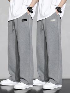 Men's Letter Patched Waffle Pants, Casual Comfy Loose Straight Leg Trousers for Spring & Fall, Fashion Men's Bottoms for Daily Wear