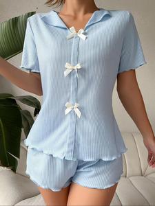 Women's Plain Bow Decor Ribbed Pajama Two-piece Set, Elegant Short Sleeve Top & Shorts Pajama Set, Ladies Summer Sleepwear