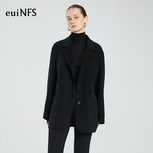 【euiNFS】Women’s Tailored Wool Blend Blazer Coat – Minimal Single-Breasted Black Jacket with Clean Structure【E463106】