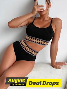Summer Sexy Textured Contrast Chevron Tape Bikinis Sets, Korean Swimming Suit, High Waisted Swimsuit for Women, Ribbed Bikini Top & Swimwear, Swimsuit Style Summer Beach Bikini, Spaghetti Strap Swimsuit, Summer Fit Bikini