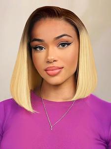 180% Density Brown Ombre Blonde Bob Wig, Straight Glueless Wigs Adjustable Human Hair Pre Plucked Pre Cut, Human Hair Lace Front Bobs Wigs