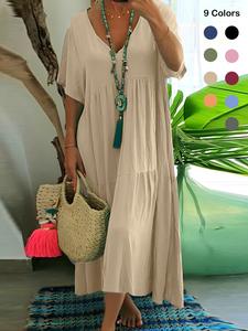 Women's Plus Size Solid Ruffle Hem Tiered Layer Smock Dress, Boho  V Neck Butterfly Sleeve Dress for Spring & Fall, Women's Clothes for Daily Wear