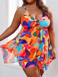 Plus Size All Over Colorblock Geometric Print Cut Out Peplum Ring Linked Tie Front Swim Top & Elastic Waist Swim Shorts Tankini Set, Summer Outfits 2024