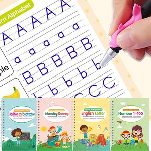 Magic Grooved Practice Learning Copybook, 4 Counts/set Reusable Grooved Handwriting Workbooks with 1 Pen & 10 Refills & 1 Random Color Pen Grip, Handwriting Practice Workbooks for Kids