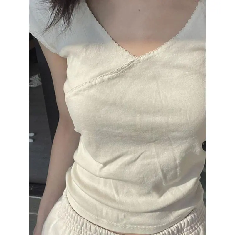 Vintage Slim T-Shirt Summer V Neck Streetwear Cotton Top 2024 Femme Sweet Cute Y2k Simple Tee Tops Woman Clothes 1