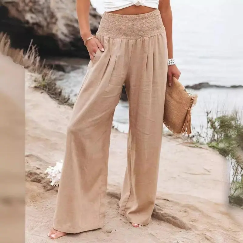 Women's Plain Pocket Shirred Wide Leg Pants, Casual Elastic Waist Trousers for Beach Vacation Holiday, Ladies Bottoms for All Seasons