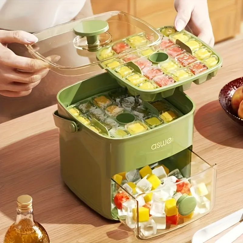Large Capacity Ice Maker Bucket with Dual Layers and 48 Compartments, Food-Grade Plastic with Built-in Freezer Box, Ideal for Home, Office, and Outdoor Use | Easy-to-Clean Material, Countertop Ice Tray 2Color 2