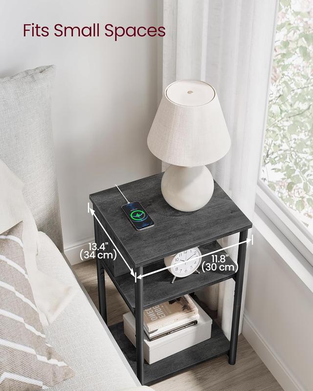VASAGLE Slim Side Table with Charging Station, Narrow Bedside Table with 2 AC Outlets 2 USB Outlets, 30 x 34 x 58 cm, for Living Room, Bedroom, Rustic Brown and Black LET374B01 5