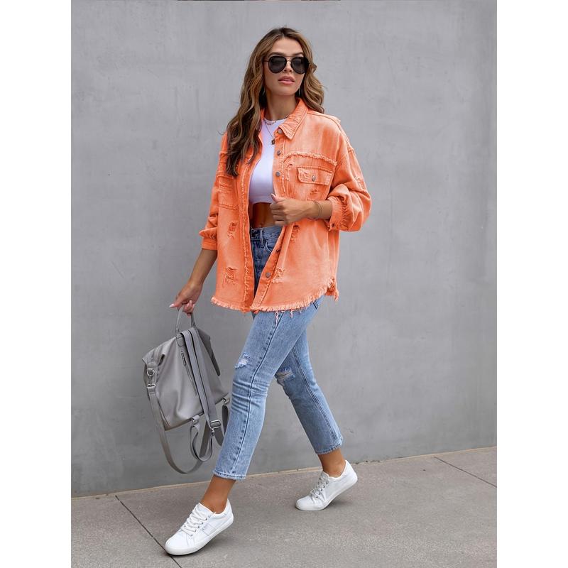 2025 New Denim Jacket Women's Solid Color Loose Jacket Ripped Long Sleeve Women's Denim Shirt Hot Selling 6