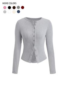 Women's Plain Button Front Ribbed Tee, Casual Fashion Shirt, Casual Long Sleeve Round Neck T-Shirt for Spring & Fall, Women's Top for Daily Wear