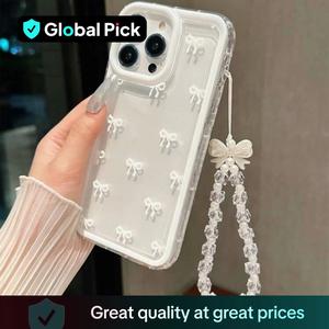 Bowknot Pattern Phone Case with Beaded Lanyard, 1 Count Anti-fall Decorative Phone Protector Cover, Phone Accessories Casing Compatible with iPhone 11 12 13 14 15 Pro Max