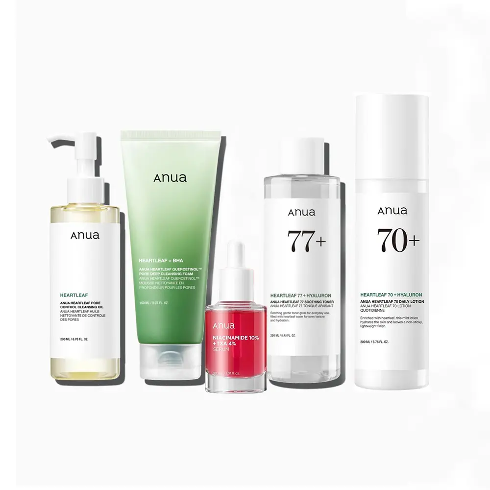 Anua  Ultimate Korean SkinCare Beauty Set- Cleansing oil + Deep Cleansing foam +Toner + Discoloration Serum + Moisturizing lotion Comfort