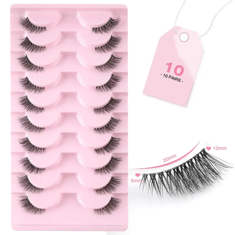 False Eyelashes with Clear Band Half Lashes Natural Look 10 Pairs Cat Eye Wispy Corner Lashes Reusable 3/4 Transparent Fake Lashes 1