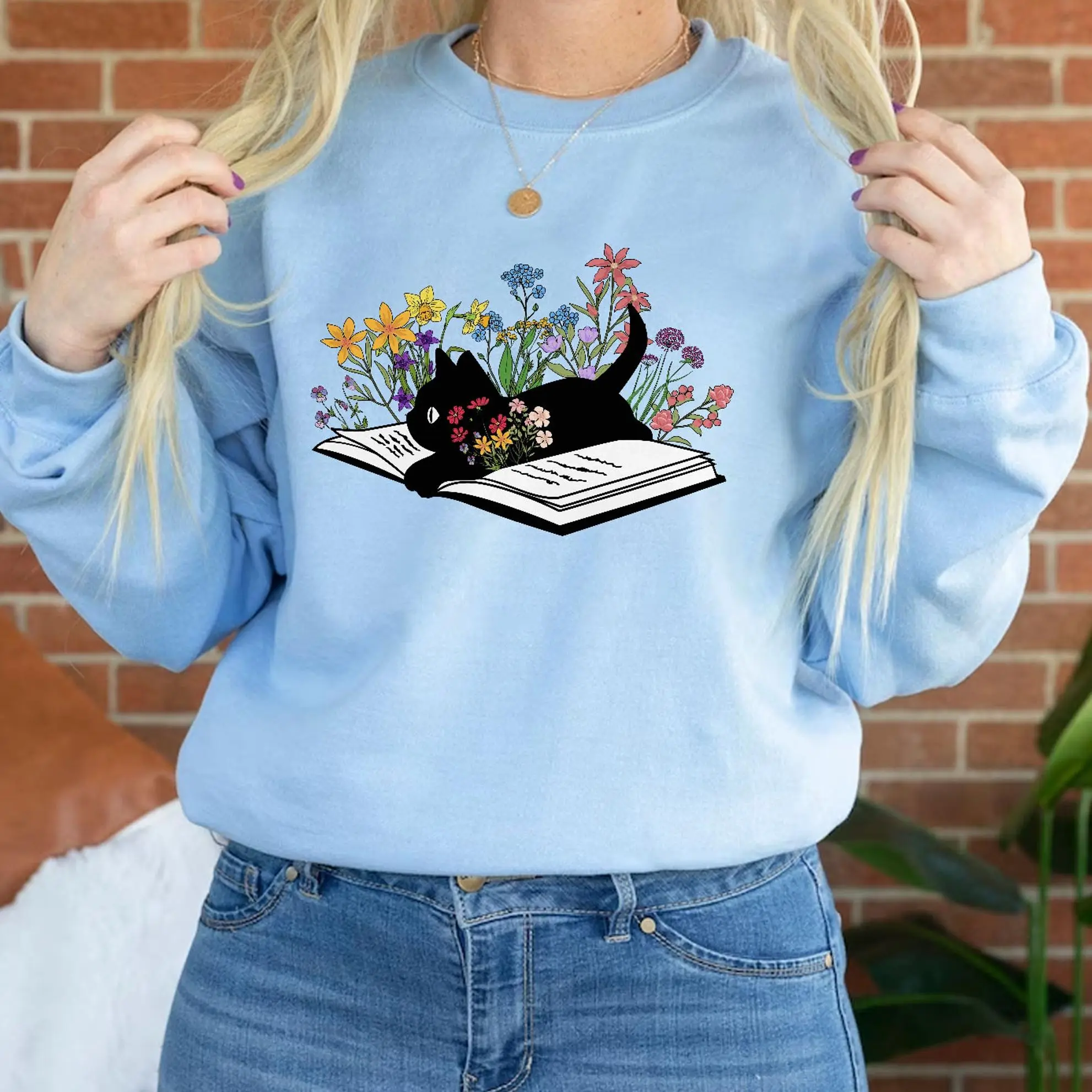 Cute Floral Cat Print Sweatshirt, Bookish Sweatshirt, Book Lover Shirt, Gift for Cat Lover, Librarian Gift, Floral Cat Shirt PTRE159