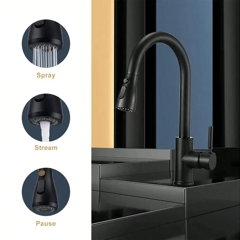 1pc Pull-Down Sprayer Kitchen Faucet Black, 360 Degree Kitchen Sink Mixer Taps Pull Out Spout Spray Single Lever Mono Tap- Included Accessory Kit 6