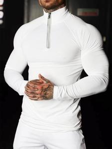Men's Solid Zip Up Mock Neck Sports Tee, Long Sleeve Compression T-shirt, Tight-fitting Sporty Top for Gym Workout Running, Men's Sportswear Clothing for Indoor Outdoor Wear