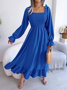 Women's Flounce Sleeve Square Neck Ruffle Hem A Line Dress, Casual Solid Frill Trim Shirred Long Dresses for Daily Wear Holiday Vacation