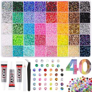 1Box Bedazzling Kit 40 Colors Laser Sparkling 3mm Resin Rhinestones, Includes 3*10ml B-7000 Glue, Tweezers, Drill Pen, Perfect for Nail Art, Phone Decoration, Jewelry and Clothing DIY