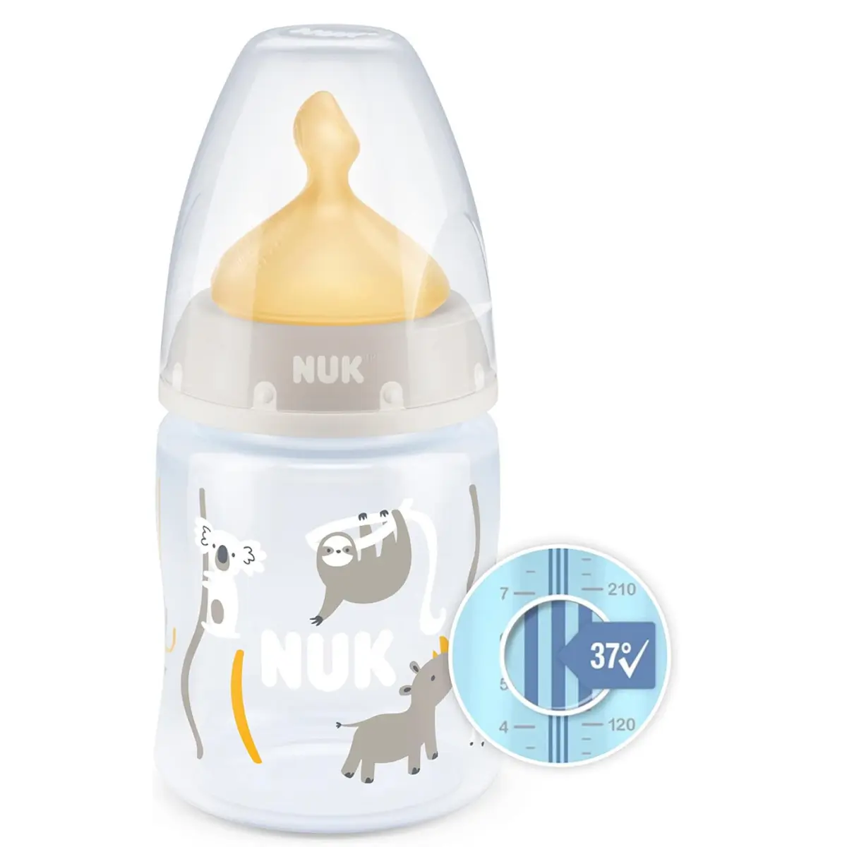 NUK First Choice+ Baby Bottle | 0-6 Months | Temperature Control | Anti Colic Vent | 150 ml | BPA-Free | Latex Teat | Safari (Beige)