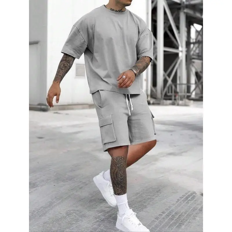 【2025】Men's Solid Drop Shoulder Tee & Shorts Set, Regular Fit Casual Fashion Cozy Breathable Short Sleeve T-shirt & Shorts for Daily Outdoor Wear, Men Clothes for Summer