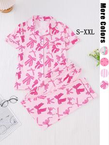 Women's All Over Print Lapel Neck Pocket Shirt & Elastic Waist Pants Pyjama, Casual Comfy Short Sleeve Button Up Top & Trousers Set, Ladies Sleepwear for All Seasons, Pajamas, Womenswear