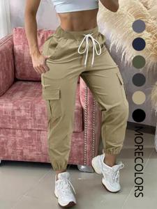 Women's Plain Drawstring Waist Cargo Pants, Casual Pocket Trousers for Daily Wear, Casual Chic Bottoms, Ladies Bottoms for All Seasons