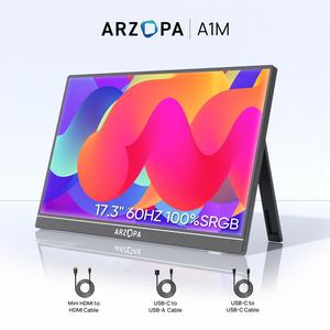 ARZOPA Portable Monitor A1M 17.3 Inch 1920×1080 FHD, 100% SRGB 60Hz IPS Monitor Screen with HDMI/Type-C/USB-C, Eye Care Gaming Portable Screen, Dual Built-in Speaker for Laptop/PC/Mac/PS3/PS6/Xbox/Phone, Newyear gift