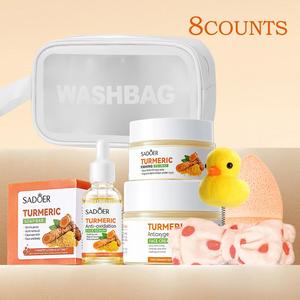 Turmeric Essence Skincare Set, Bath Soap Bar & Moisturizing Essence & Hydrating Face Cream & Eye Cream & Headband & Hairpin & Storage Bag & Facial Powder Puff