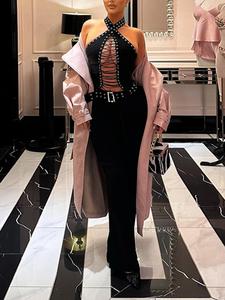 Women's Solid Backless Lace Up Halter Neck Jumpsuit, Elegant Fashion Casual Tight Fitted Grommet Eyelet Jumpsuit for Daily Outdoor Wear, Ladies Clothes for Spring & Fall, Womenswear, Casual Basic Jumpsuit