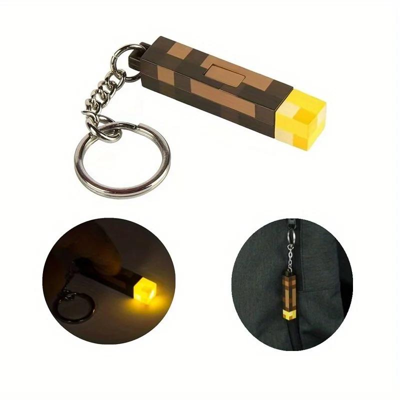 Glow-in-the-Dark Anime Gamer Keychain - Classic Torch Design with Pixelated Wooden Texture, Fashionable Plastic Pendant 3