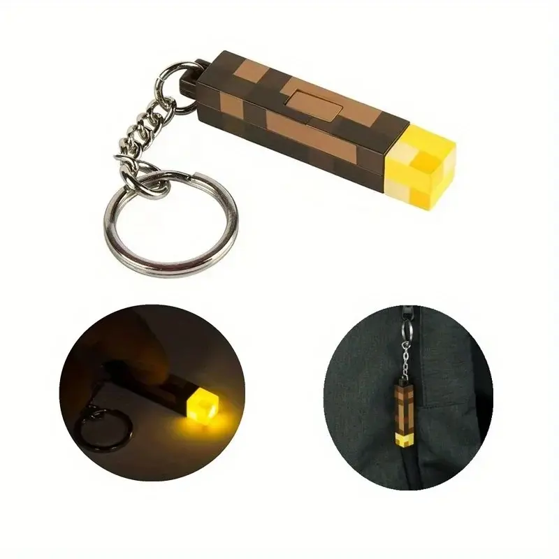 Glow-in-the-Dark Anime Gamer Keychain - Classic Torch Design with Pixelated Wooden Texture, Fashionable Plastic Pendant 3