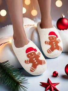 Women's Cute Gingerbread Man Design Plush Christmas Slippers, Casual Soft Comfortable Home Slipper Shoes, Fuzzy Warm Slippers for Indoor & Outdoor Use for Fall & Winter, Footwear