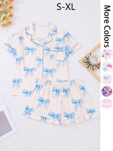 Women's All Over Print Pajama Set, Casual Comfy Short Sleeve Lapel Neckline Pocket Shirt & Shorts PJ Set, Ladies Summer Sleepwear, Nightwear Loungewear Set