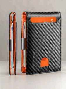 Men's Carbon Fiber Pattern Bifold Wallet with Pen Holder, Minimalist Pu Leather Double Fold Wallet with Rfid Blocking Technology, Ideal Perfect Gift, Business Style Durable Wallet