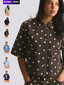 Women's Polka Dot Denim Shirt, Casual Loose Fit Short Sleeve Top, Daily Street Style, All Seasons Outerwear