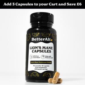 BetterAlt Lions Mane Mushroom Capsules | Nootropic Brain Booster | 15:1 Extract for Overall Health and Fitness | 30% Polysaccharides | 1-Month Pack
