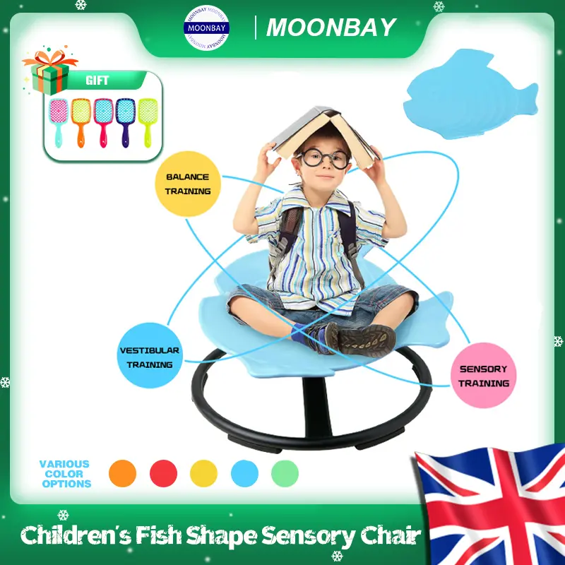 Children's sensory swivel chair, body sensory toy chair, autistic children's chair, fish-shaped sensory integration chair, promote children's balance and coordination ability, metal bottom seat, non-slip base.