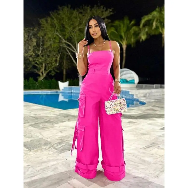 Women's Plain Multi-pocket Wide Leg Cargo Jumpsuit, Casual Tape Decor Backless Cami Jumpsuit, Ladies Clothes for Streetwear, Jumpsuit for Women, Womenswear