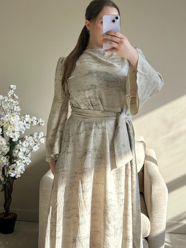 BERBISH marble print  dress with belt Womenswear Long Sleeve Summer spring dress Breathable Comfortable Fits Fashion 3